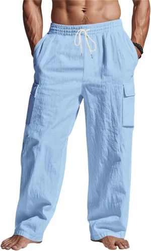 Mens Casual Linen Cargo Pants Summer Elastic Waist Beach Pant Relaxed Fit Straight Leg Trousers with Pockets