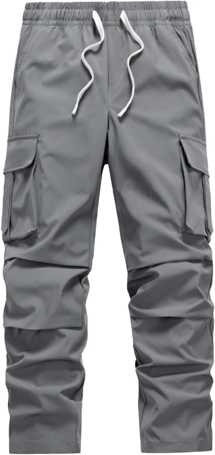 Men's Casual Multi-Pockets Cargo Pants Loose Straight-Leg Work Pant Drawstring Elastic Waist Outdoor Fitness Pants