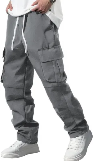 Men's Casual Multi-Pockets Cargo Pants Loose Straight-Leg Work Pant Drawstring Elastic Waist Outdoor Fitness Pants