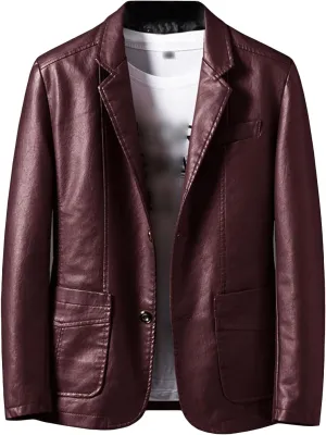 Men's Casual Notch Collar Leather Jacket Lightweight 2 Button Business Blazer Coat Fall Winter Slim Bomber Coats