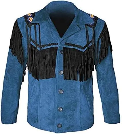 Mens Cowboy Buckskin Suede Leather Jacket Western Fringe Native Beaded And Fringes Coat