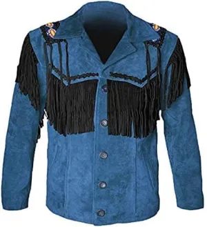 Mens Cowboy Buckskin Suede Leather Jacket Western Fringe Native Beaded And Fringes Coat