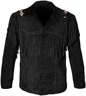 Mens Cowboy Buckskin Suede Leather Jacket Western Fringe Native Beaded And Fringes Coat
