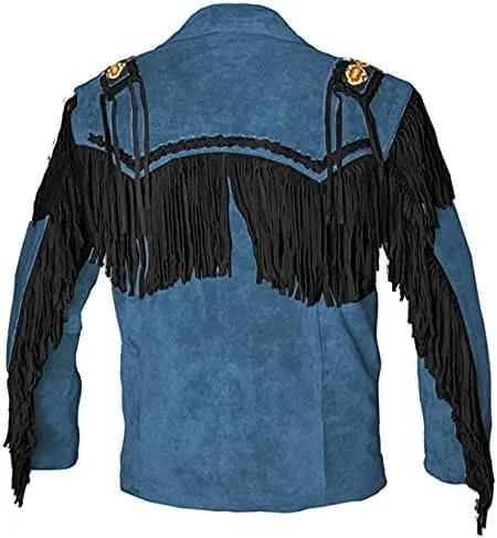 Mens Cowboy Buckskin Suede Leather Jacket Western Fringe Native Beaded And Fringes Coat