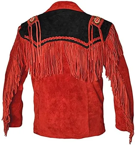 Mens Cowboy Buckskin Suede Leather Jacket Western Fringe Native Beaded And Fringes Coat