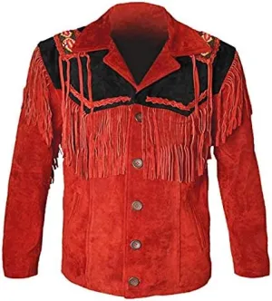 Mens Cowboy Buckskin Suede Leather Jacket Western Fringe Native Beaded And Fringes Coat