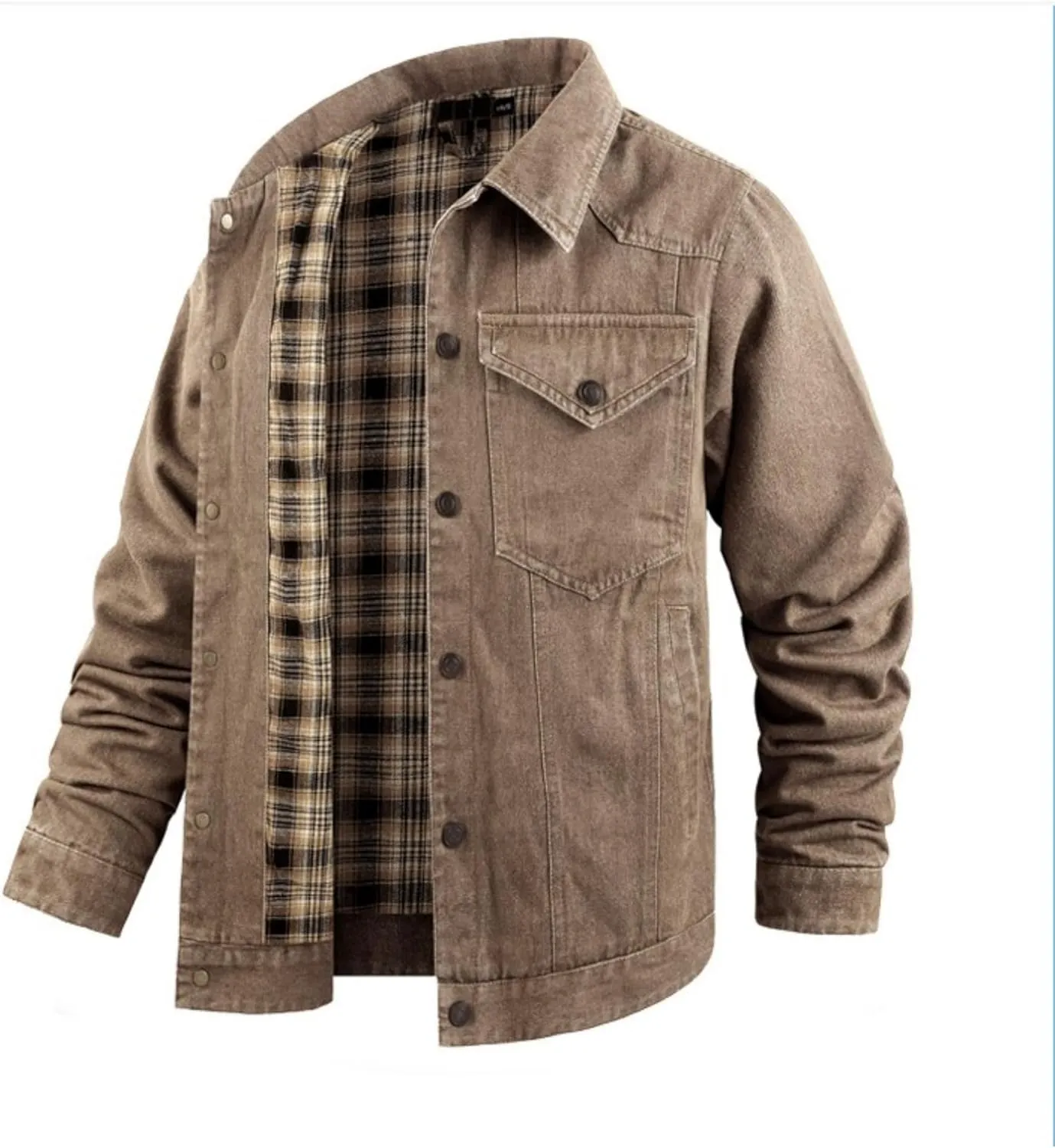 Men's Cowboy Flannel Lined Coat Rugged Wear Vintage Denim Jacket Plaid Button Casual Trucker Coat