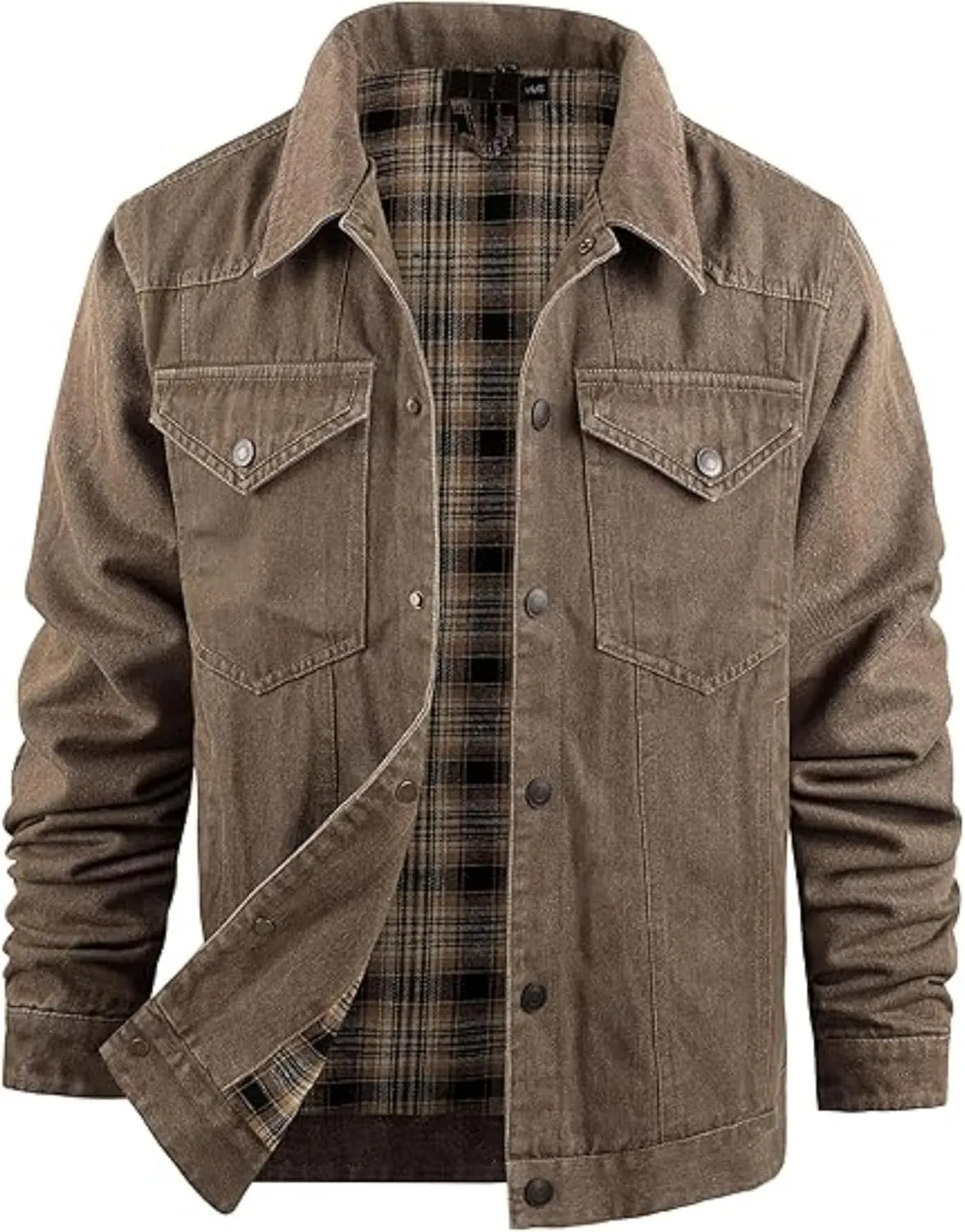 Men's Cowboy Flannel Lined Coat Rugged Wear Vintage Denim Jacket Plaid Button Casual Trucker Coat