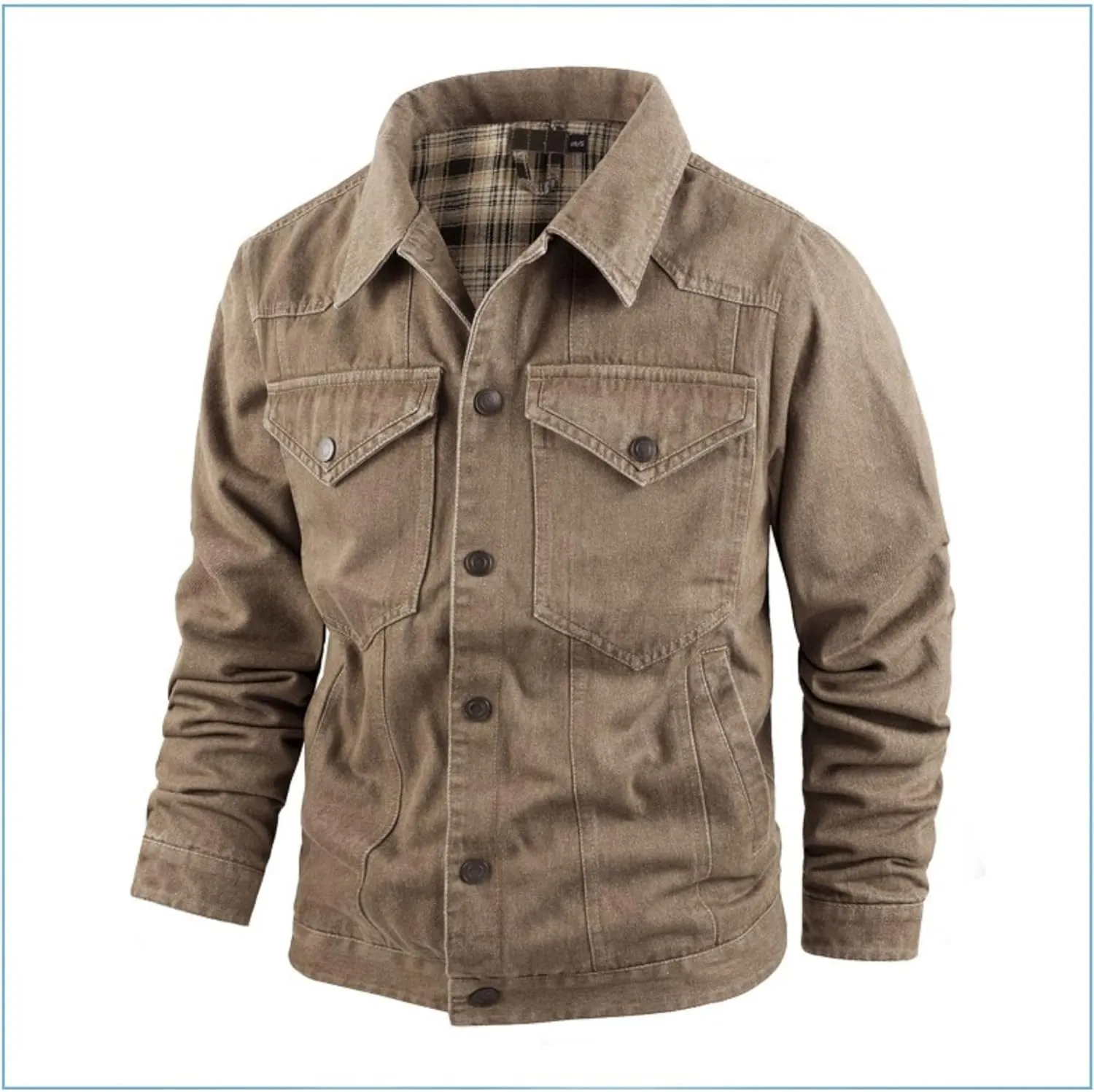 Men's Cowboy Flannel Lined Coat Rugged Wear Vintage Denim Jacket Plaid Button Casual Trucker Coat