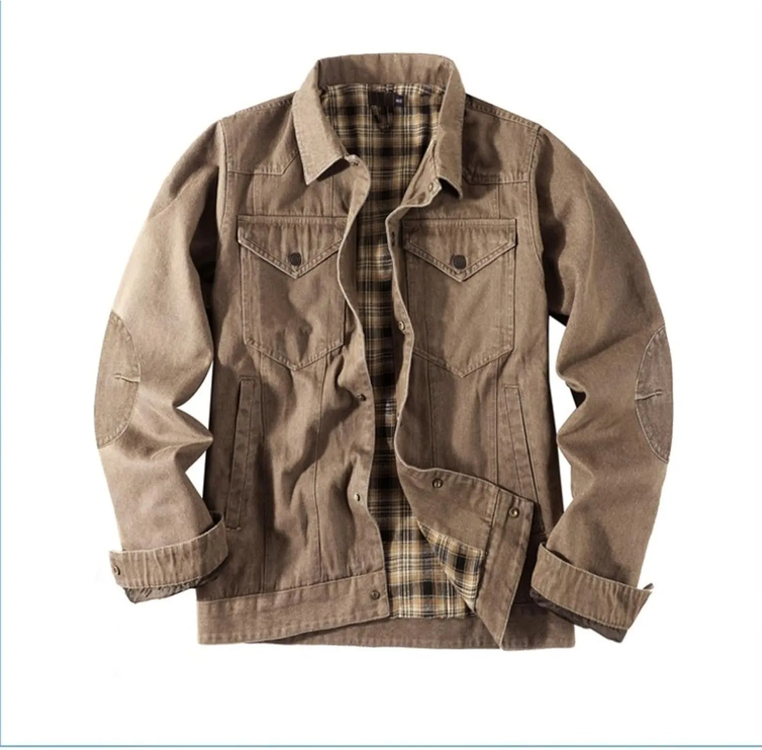 Men's Cowboy Flannel Lined Coat Rugged Wear Vintage Denim Jacket Plaid Button Casual Trucker Coat