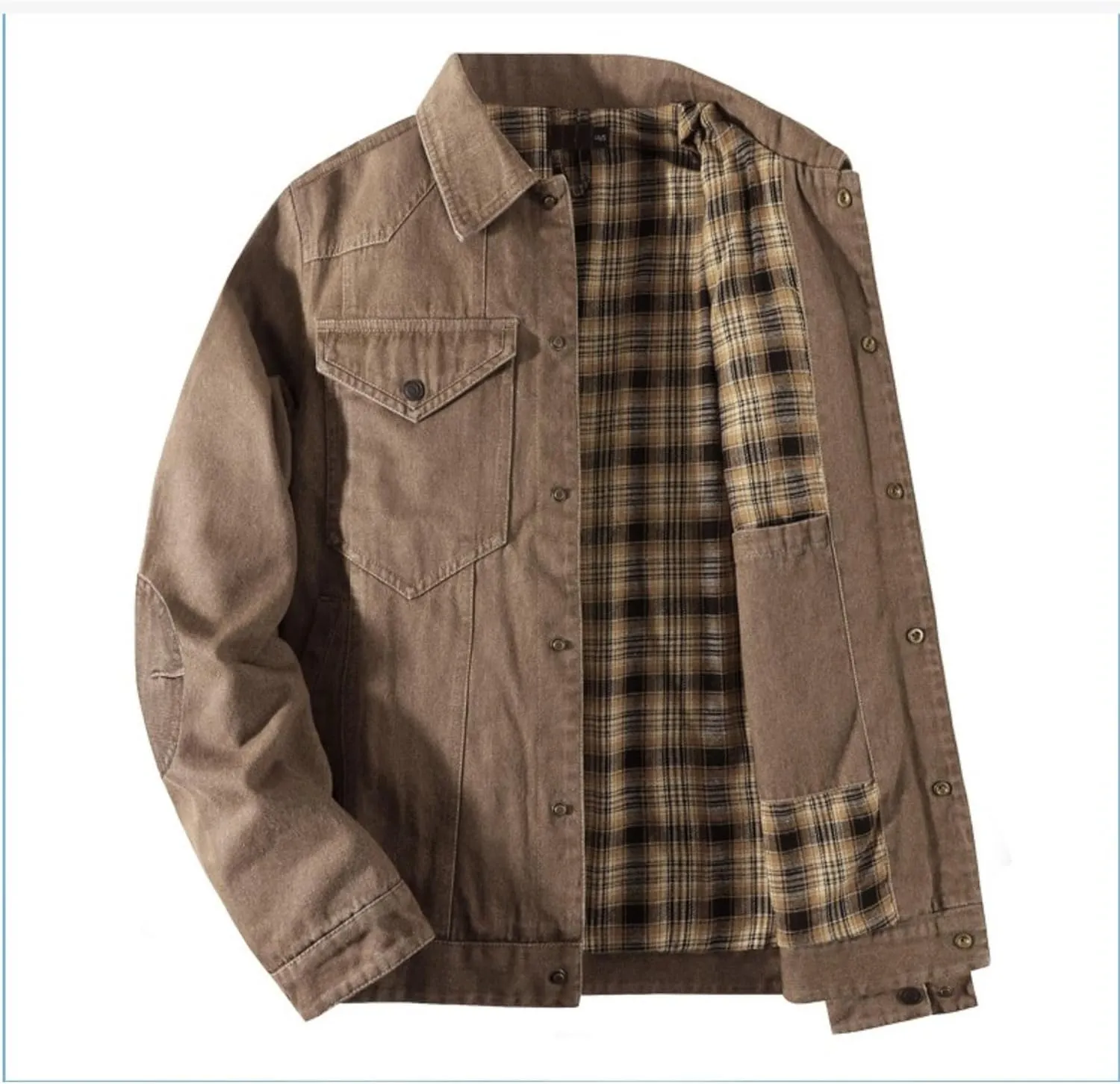 Men's Cowboy Flannel Lined Coat Rugged Wear Vintage Denim Jacket Plaid Button Casual Trucker Coat