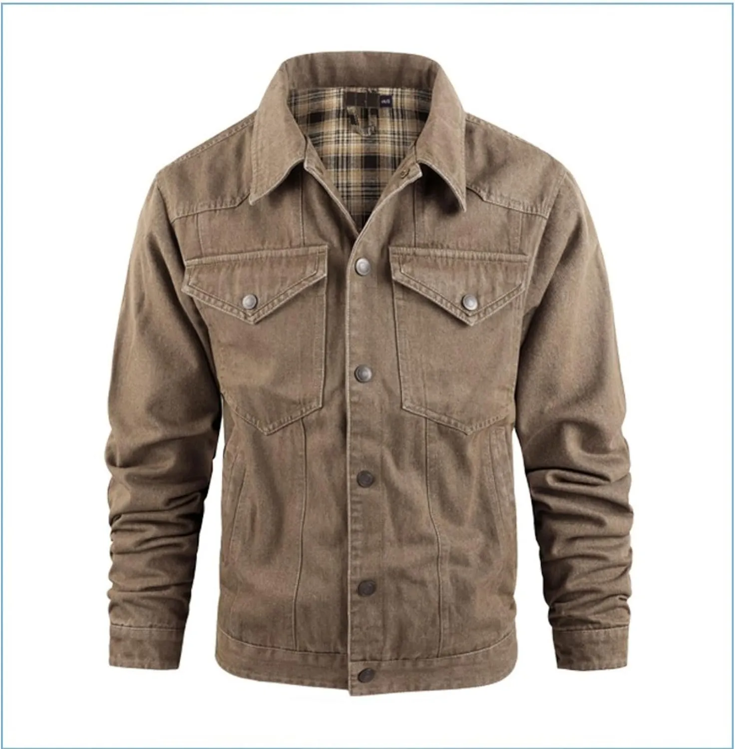 Men's Cowboy Flannel Lined Coat Rugged Wear Vintage Denim Jacket Plaid Button Casual Trucker Coat