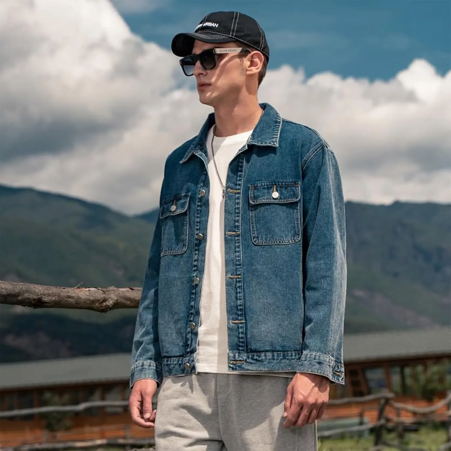 Men's Denim Jacket,Classic Crewneck Cowboy Jacket for Men,Spring and Autumn Vintage Workwear Denim Shirt