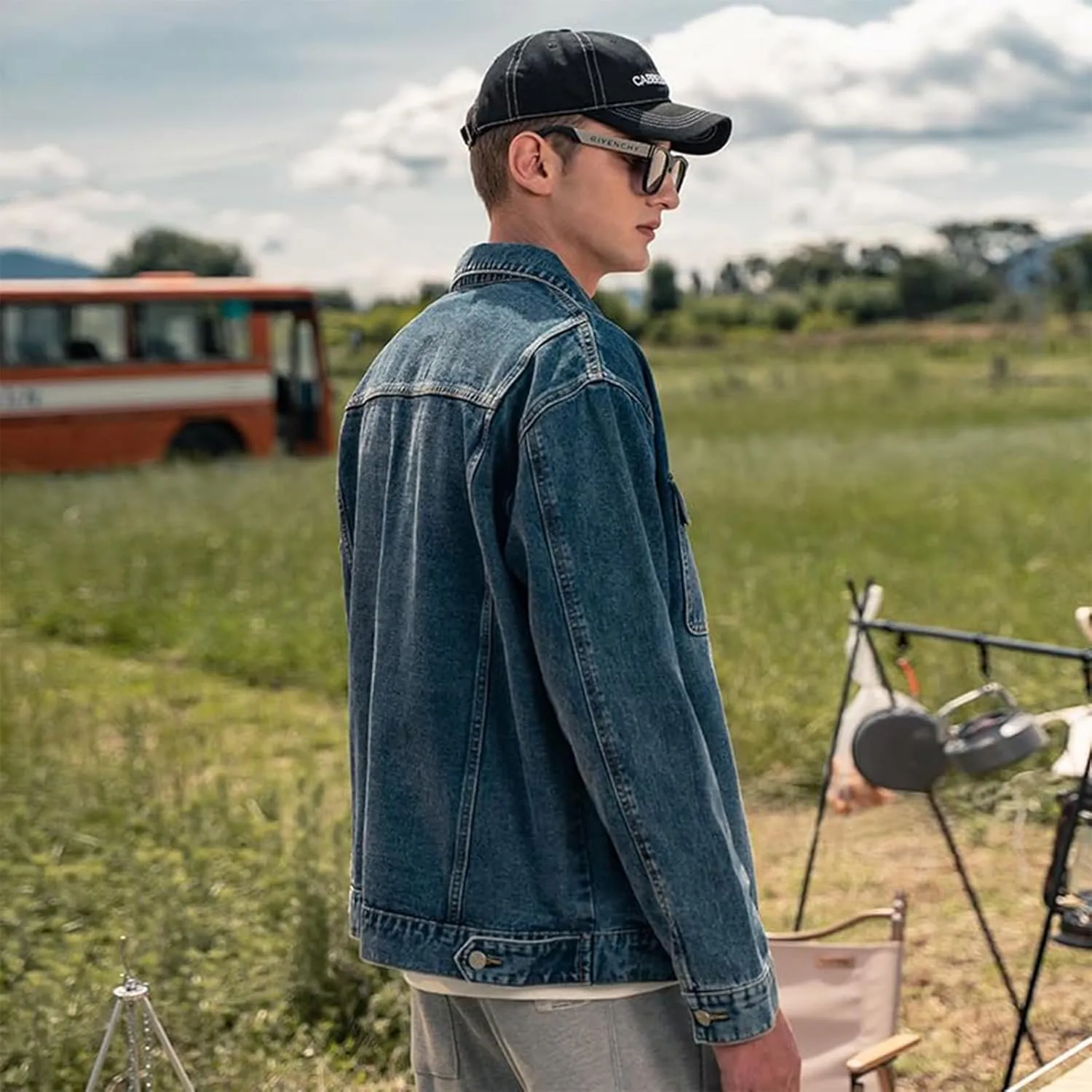 Men's Denim Jacket,Classic Crewneck Cowboy Jacket for Men,Spring and Autumn Vintage Workwear Denim Shirt