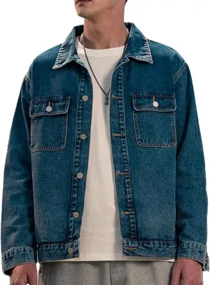 Men's Denim Jacket,Classic Crewneck Cowboy Jacket for Men,Spring and Autumn Vintage Workwear Denim Shirt