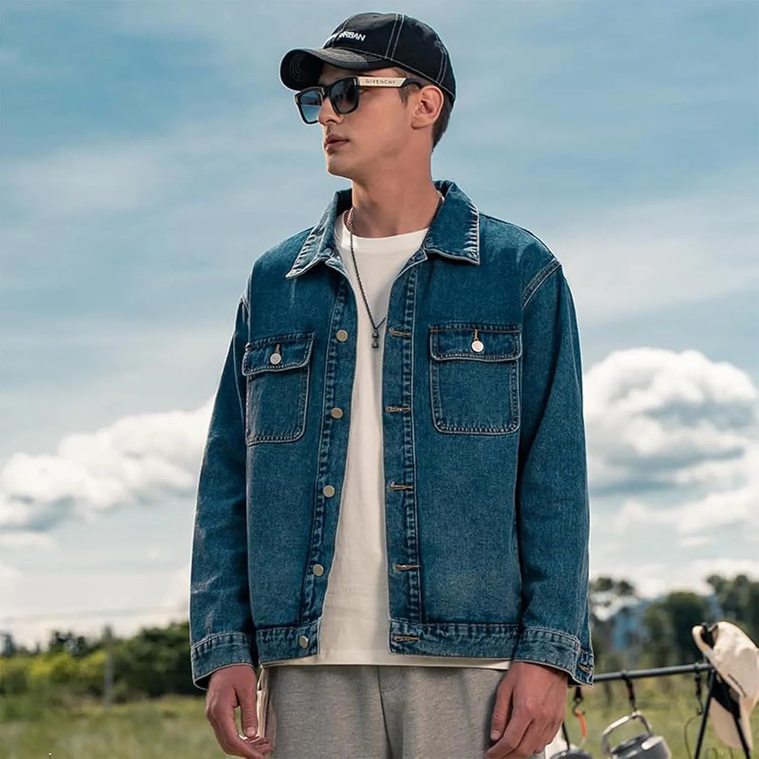 Men's Denim Jacket,Classic Crewneck Cowboy Jacket for Men,Spring and Autumn Vintage Workwear Denim Shirt