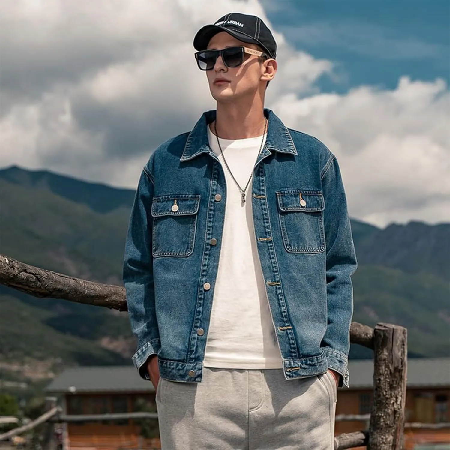 Men's Denim Jacket,Classic Crewneck Cowboy Jacket for Men,Spring and Autumn Vintage Workwear Denim Shirt