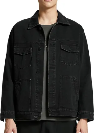 Men's Denim Jacket,Classic Crewneck Cowboy Jacket for Men,Spring and Autumn Vintage Workwear Denim Shirt