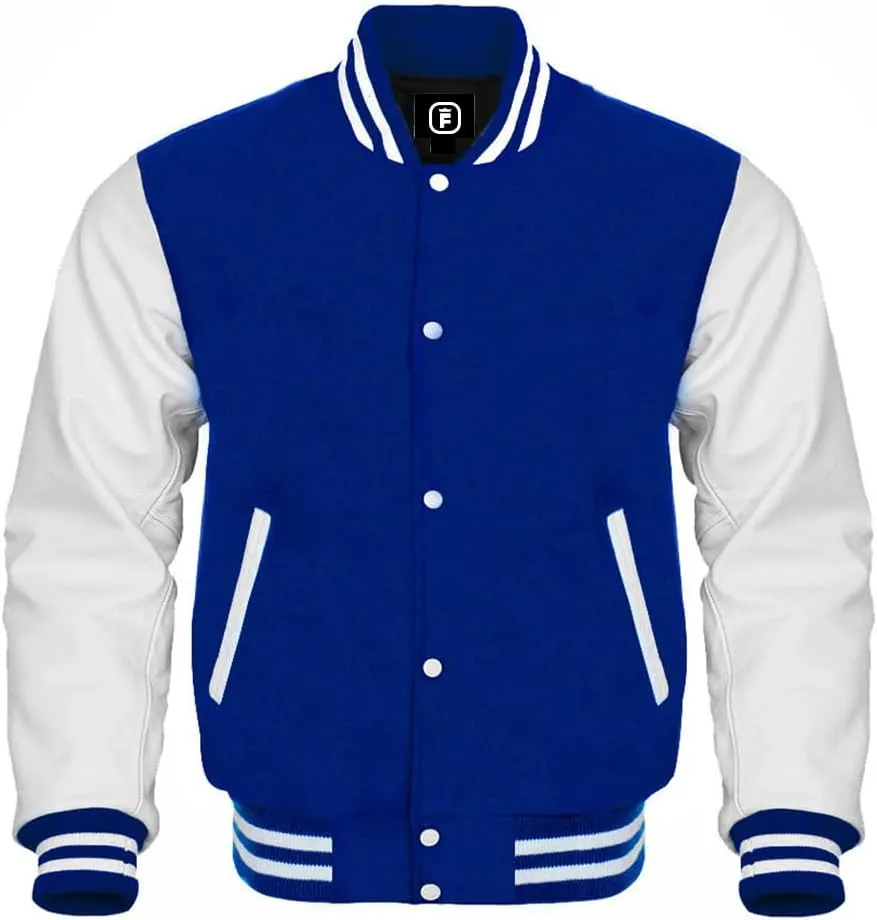 men's fashion lettermen baseball varsity jacket casual slim fit bomber jackets genuine leather seleeve wool body