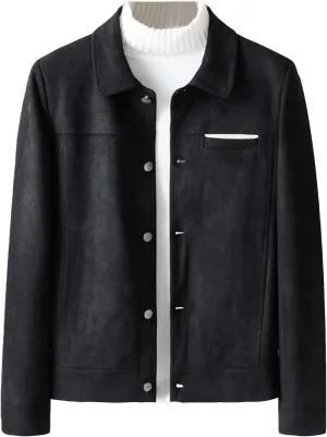 Men's Faux Suede Leather Jacket Casual Comfortable Suede Jacket Male Button Lapel Soft Lightweight Suede Jacket