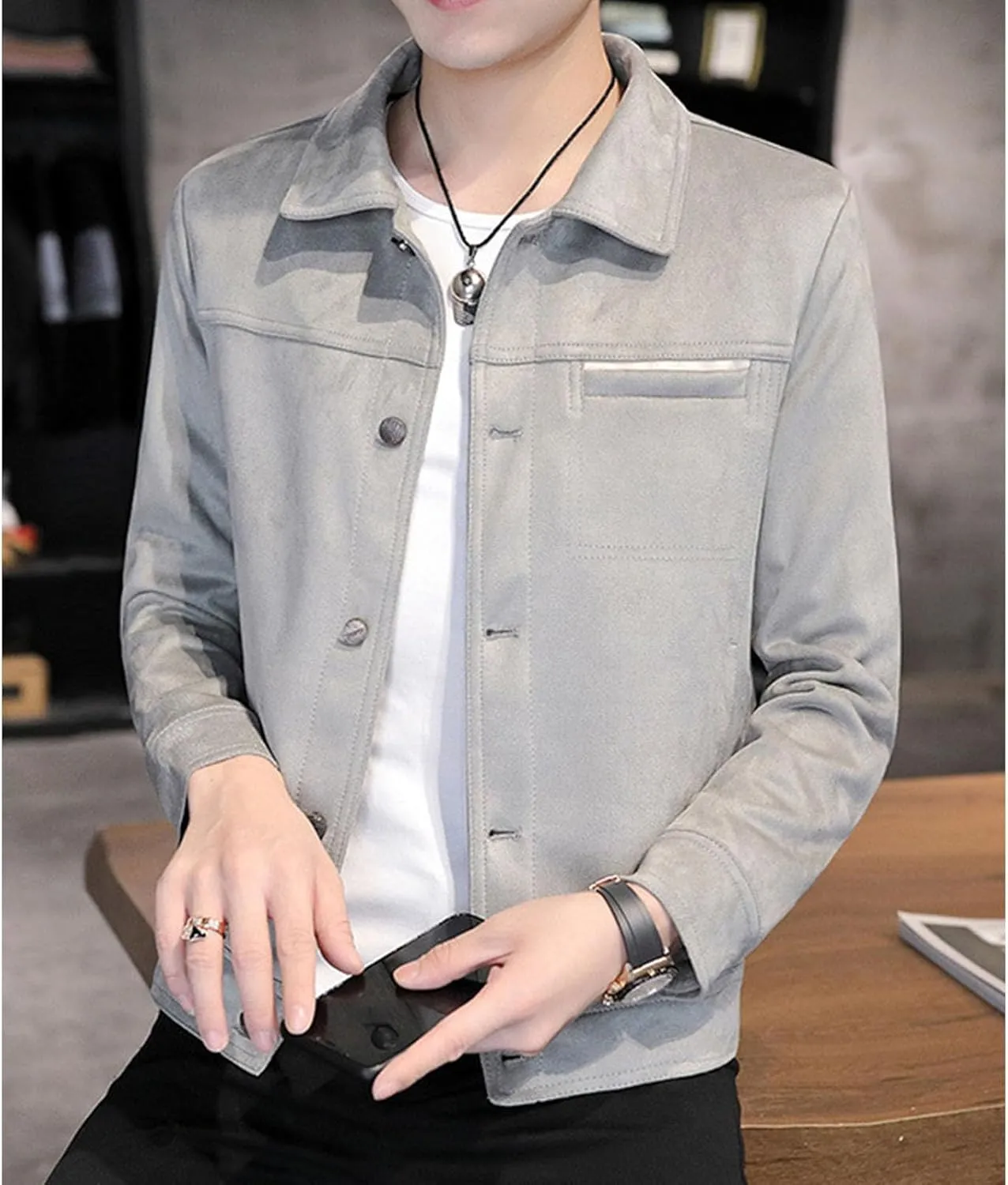 Men's Faux Suede Leather Jacket Casual Comfortable Suede Jacket Male Button Lapel Soft Lightweight Suede Jacket