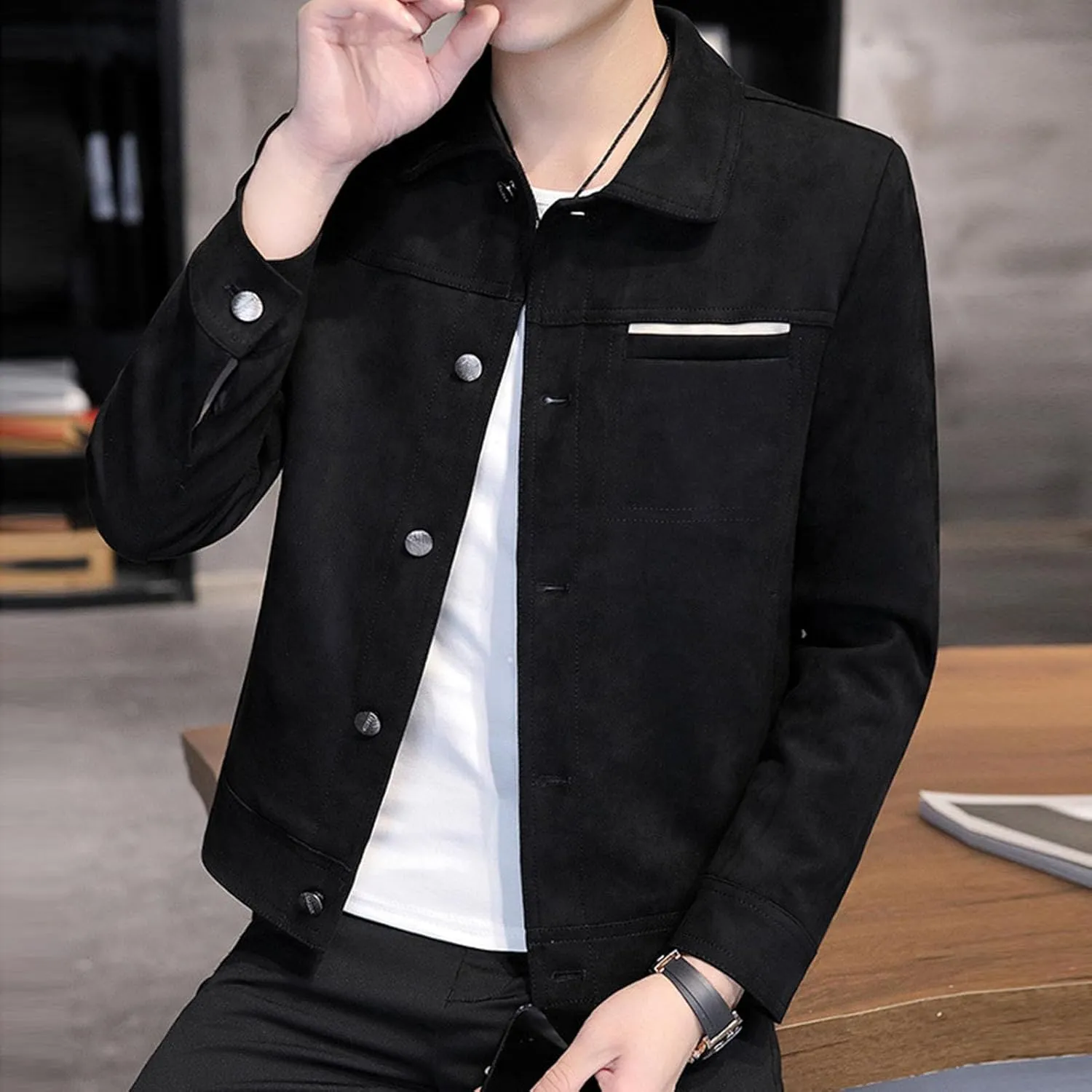 Men's Faux Suede Leather Jacket Casual Comfortable Suede Jacket Male Button Lapel Soft Lightweight Suede Jacket