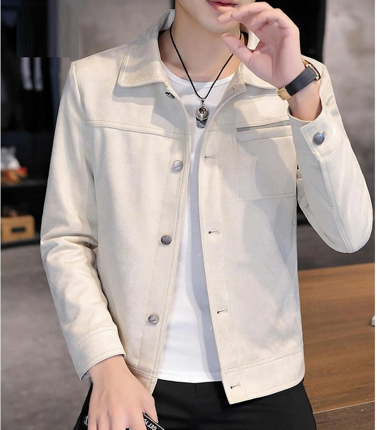 Men's Faux Suede Leather Jacket Casual Comfortable Suede Jacket Male Button Lapel Soft Lightweight Suede Jacket