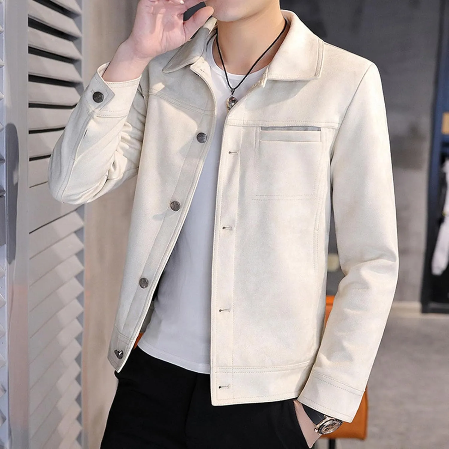 Men's Faux Suede Leather Jacket Casual Comfortable Suede Jacket Male Button Lapel Soft Lightweight Suede Jacket