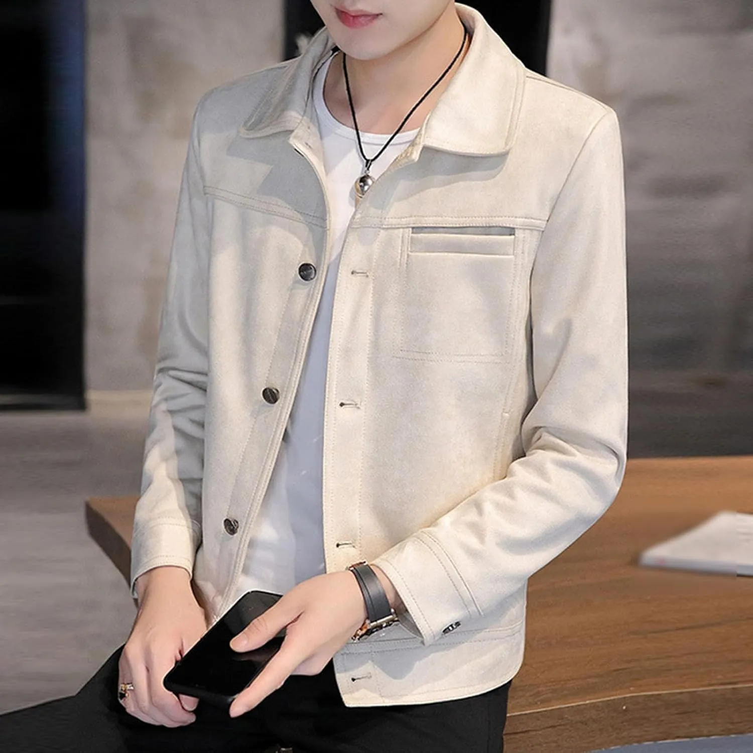 Men's Faux Suede Leather Jacket Casual Comfortable Suede Jacket Male Button Lapel Soft Lightweight Suede Jacket