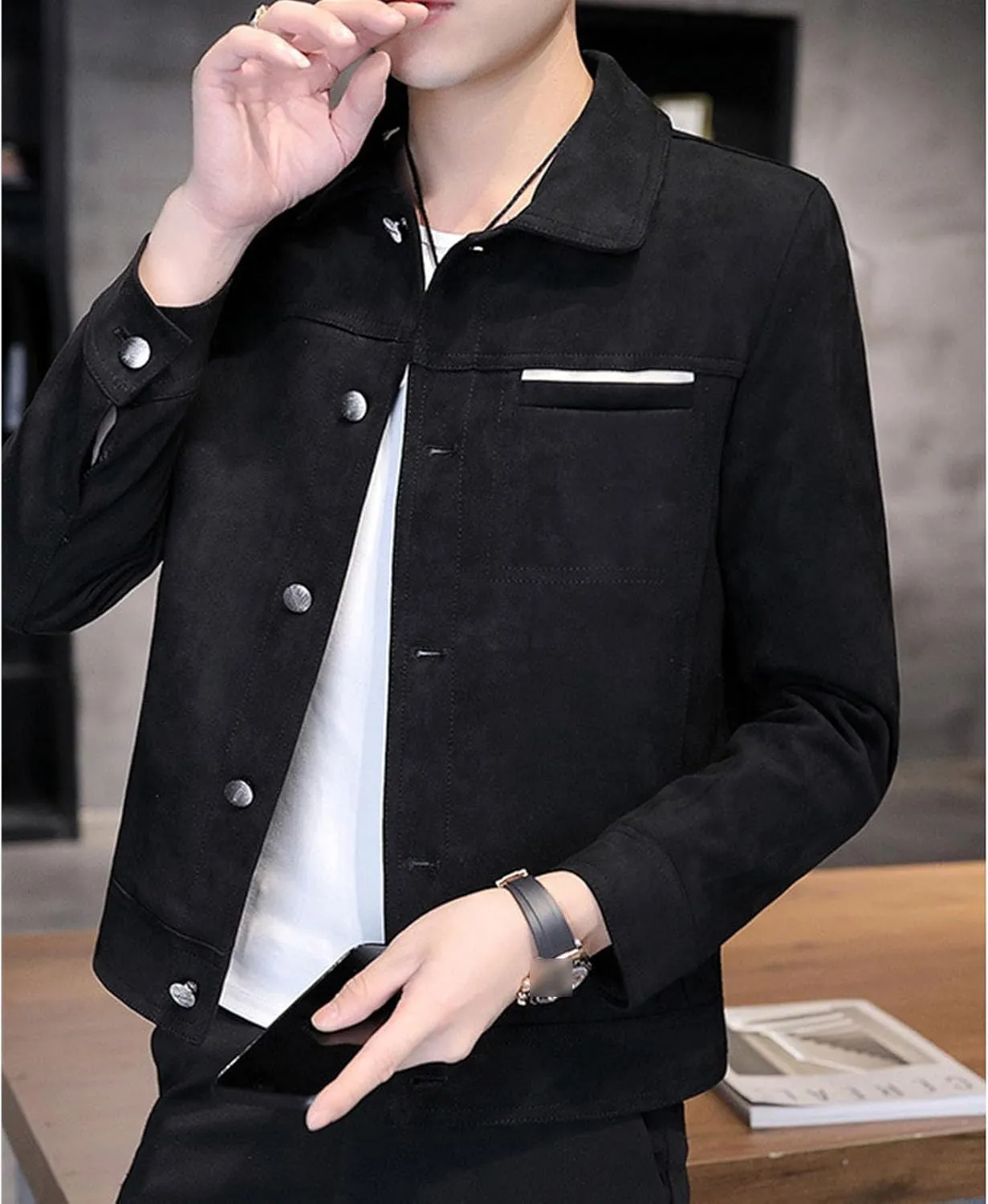 Men's Faux Suede Leather Jacket Casual Comfortable Suede Jacket Male Button Lapel Soft Lightweight Suede Jacket