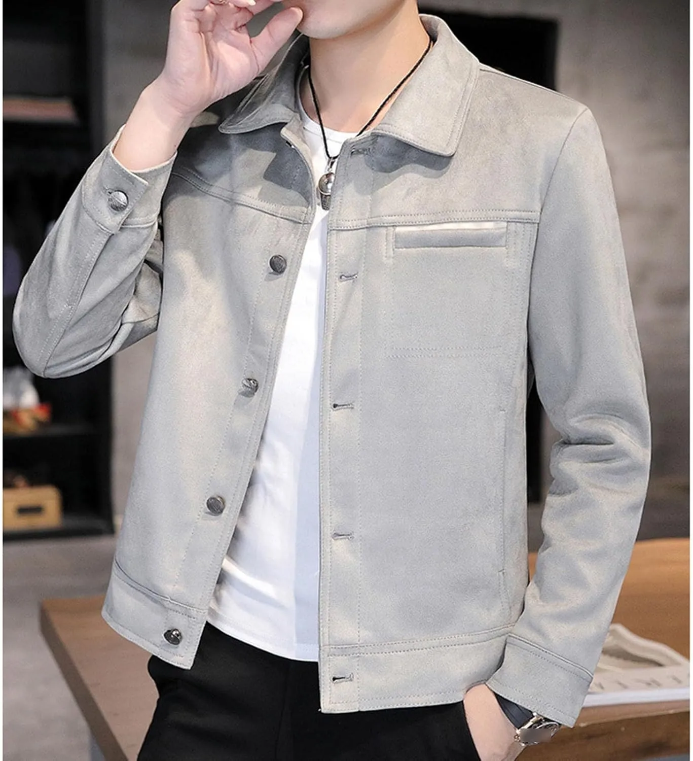 Men's Faux Suede Leather Jacket Casual Comfortable Suede Jacket Male Button Lapel Soft Lightweight Suede Jacket
