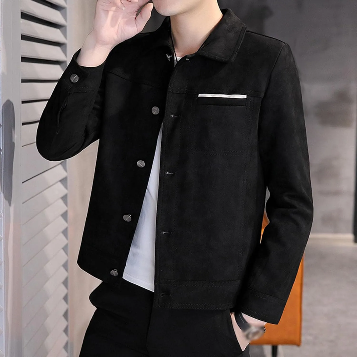 Men's Faux Suede Leather Jacket Casual Comfortable Suede Jacket Male Button Lapel Soft Lightweight Suede Jacket