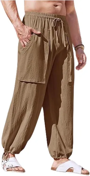 Men's Harem Pants Casual Loose Tapered High Waisted for Beach Yoga Drop Crotch Trouser for Outdoor Wear