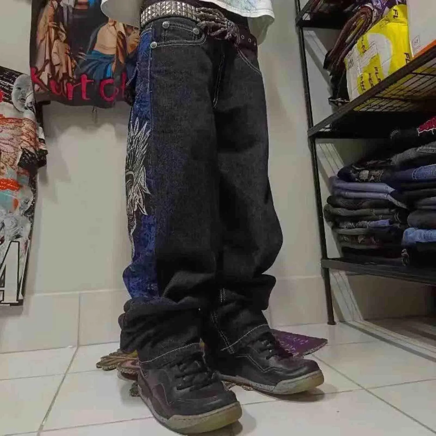 Men's Hip Hop Retro Embroidered Jeans Street Hip Hop Y2K Gothic Straight Loose Wide Leg Pants