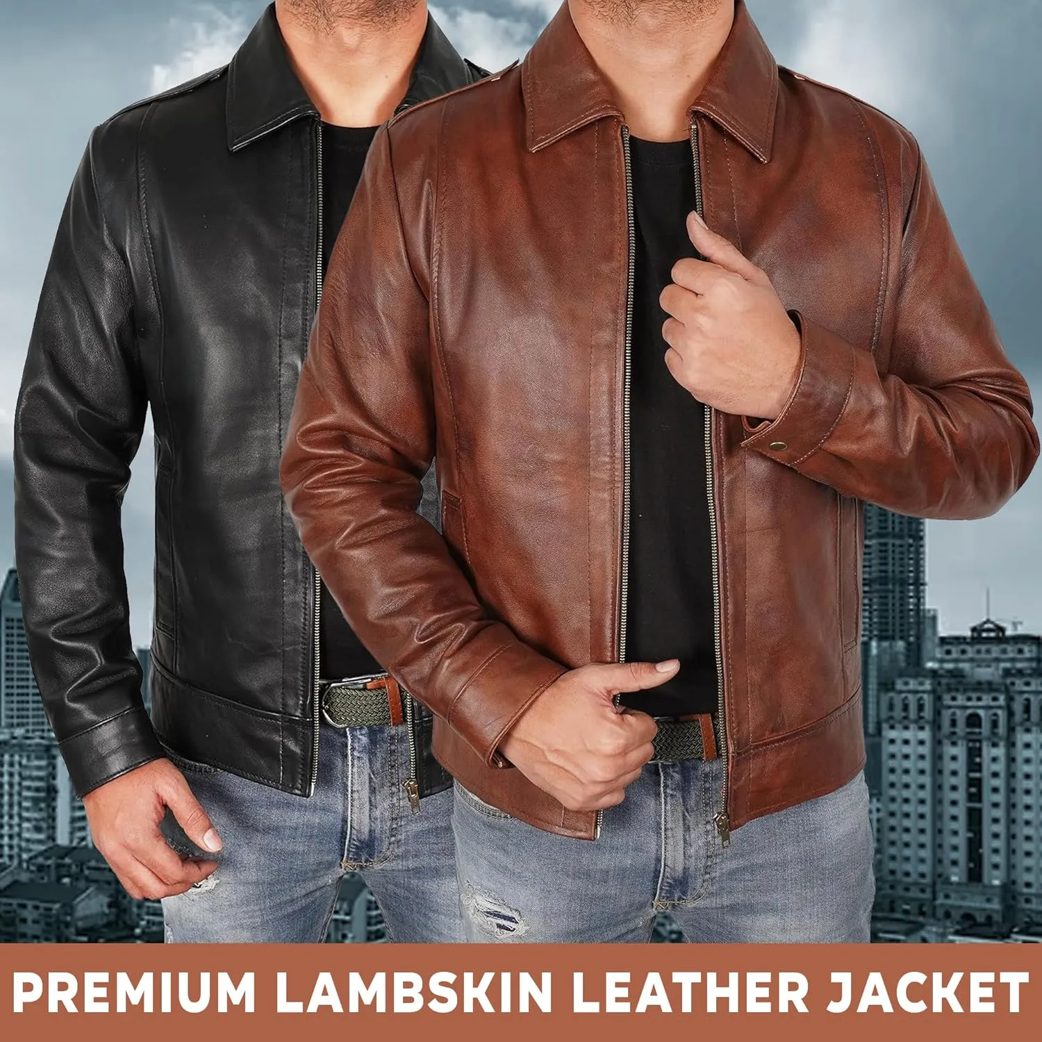 Mens Leather Jacket - Real Lambskin Classic Vintage Style Leather Jackets For Men Brown Leather Jacket for Mens