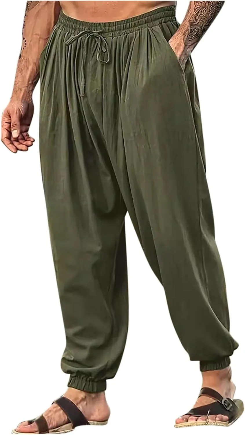 Mens Linen Harem Pants Casual Loose Fit Beach Drawstring Elastic Waist Yoga Trousers Vintage Fashion with Pockets