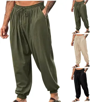 Mens Linen Harem Pants Casual Loose Fit Beach Drawstring Elastic Waist Yoga Trousers Vintage Fashion with Pockets
