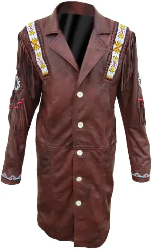 Mens Native American Western Cowboy Fringe Black and Brown Genuine Leather Trench Coats