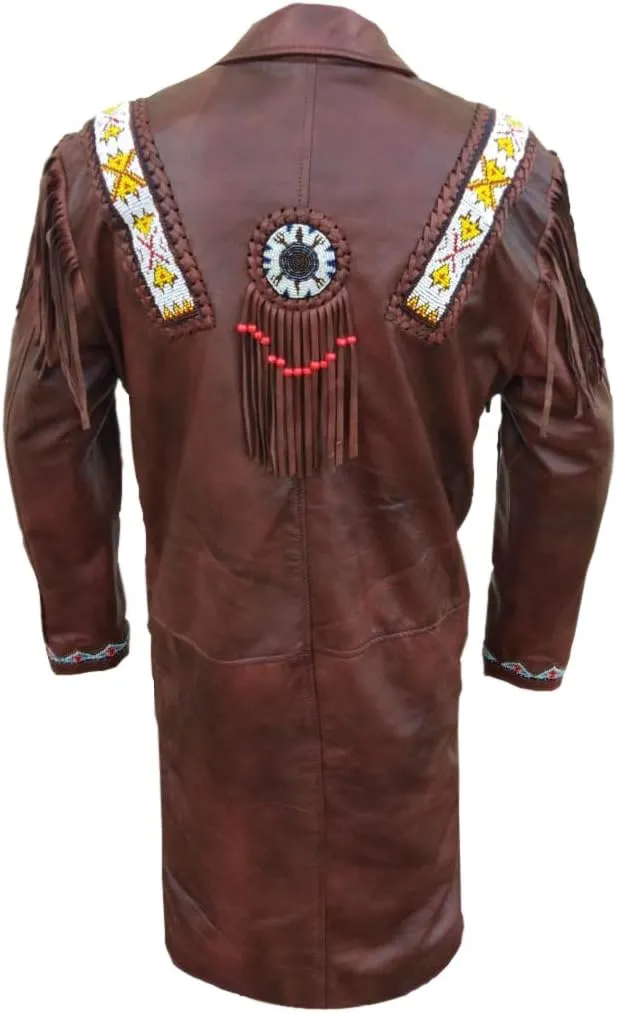 Mens Native American Western Cowboy Fringe Black and Brown Genuine Leather Trench Coats