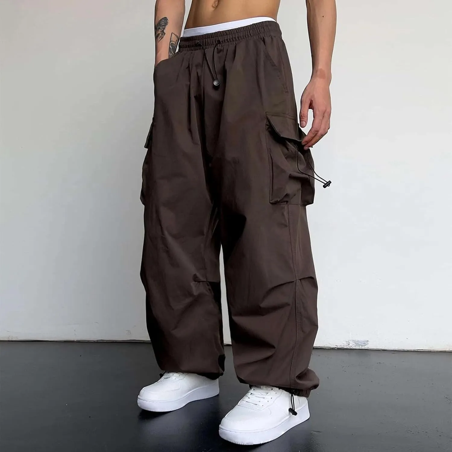 Men's Parachute Cargo Pants Solid Color Baggy Casual Harem Joggers Hip Hop Outdoor Streetwear Sweatpants with Pockets