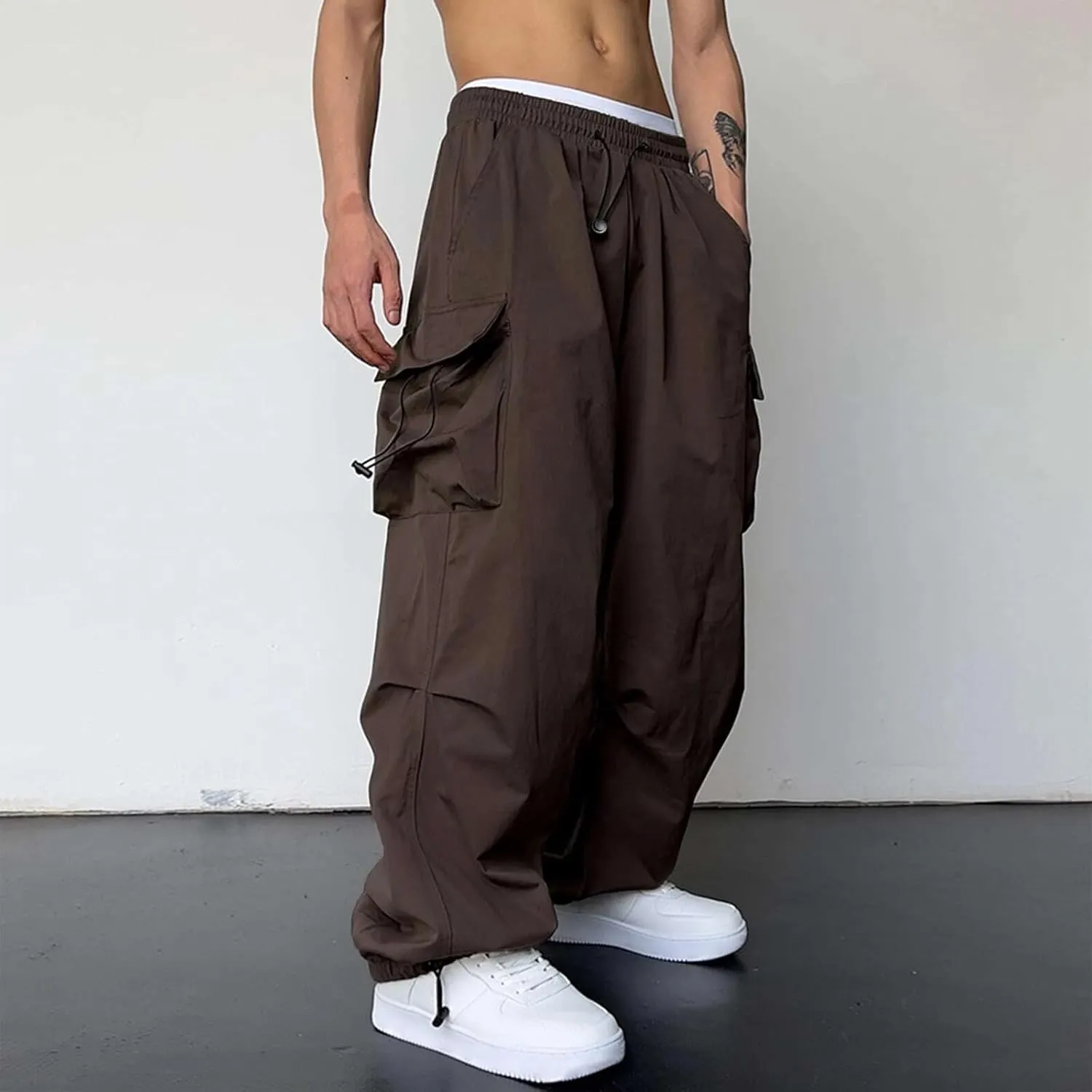 Men's Parachute Cargo Pants Solid Color Baggy Casual Harem Joggers Hip Hop Outdoor Streetwear Sweatpants with Pockets