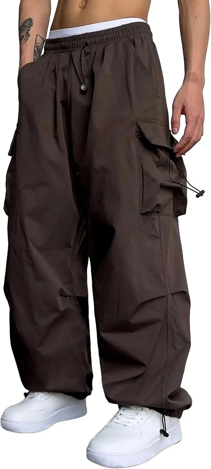 Men's Parachute Cargo Pants Solid Color Baggy Casual Harem Joggers Hip Hop Outdoor Streetwear Sweatpants with Pockets