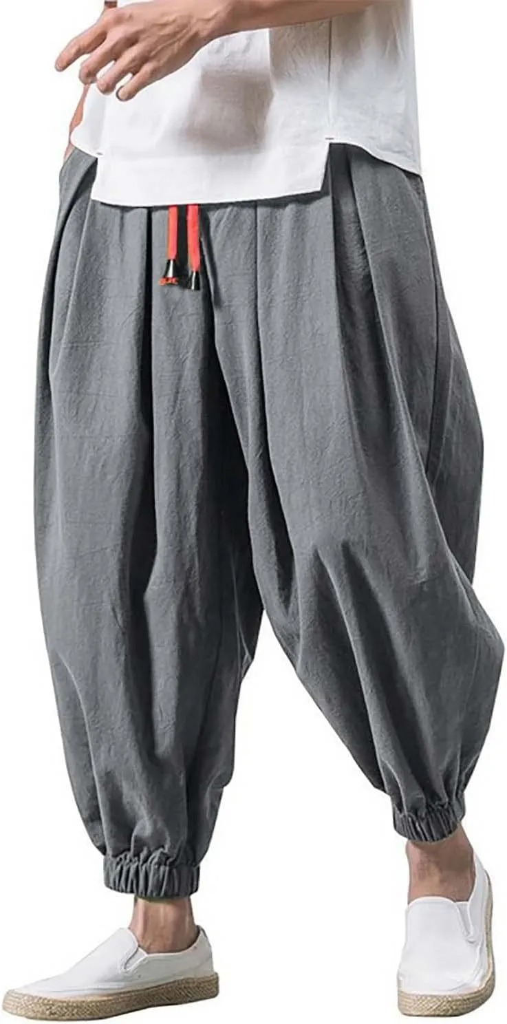 Men's Parachute Pants Harem Pants Baggy Linen Pants Drop Crotch Trousers Drawstring Joggers Hippie Pants Pirate Pants