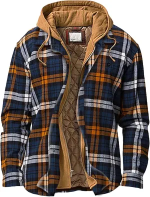 Men's Plaid Flannel Shirt Jacket Warm Hoodie Quilted Lined Hipster Fleece Plaid Jacket Flannel Sherpa Vintage Coats