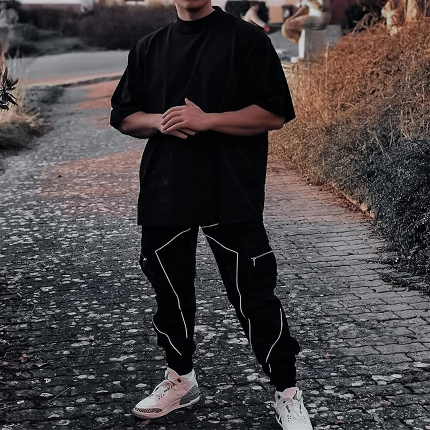 Men's Punk Streetwear Tactical Track Pant Reflective Technical Hip Hop Harem Pant Cargo Jogger Pant Trousers with Pocket (X-Small,Black)