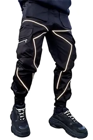 Men's Punk Streetwear Tactical Track Pant Reflective Technical Hip Hop Harem Pant Cargo Jogger Pant Trousers with Pocket (X-Small,Black)