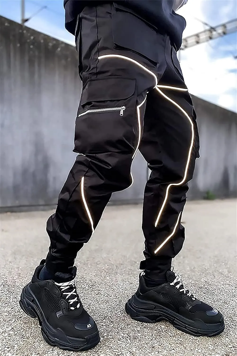 Men's Punk Streetwear Tactical Track Pant Reflective Technical Hip Hop Harem Pant Cargo Jogger Pant Trousers with Pocket (X-Small,Black)