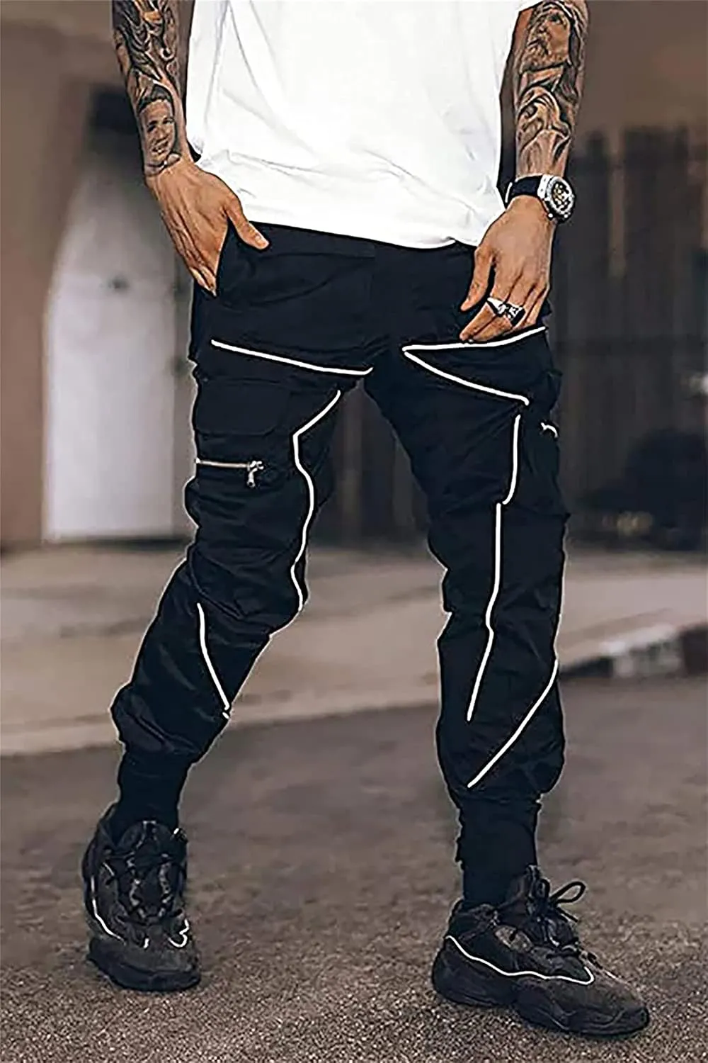 Men's Punk Streetwear Tactical Track Pant Reflective Technical Hip Hop Harem Pant Cargo Jogger Pant Trousers with Pocket (X-Small,Black)