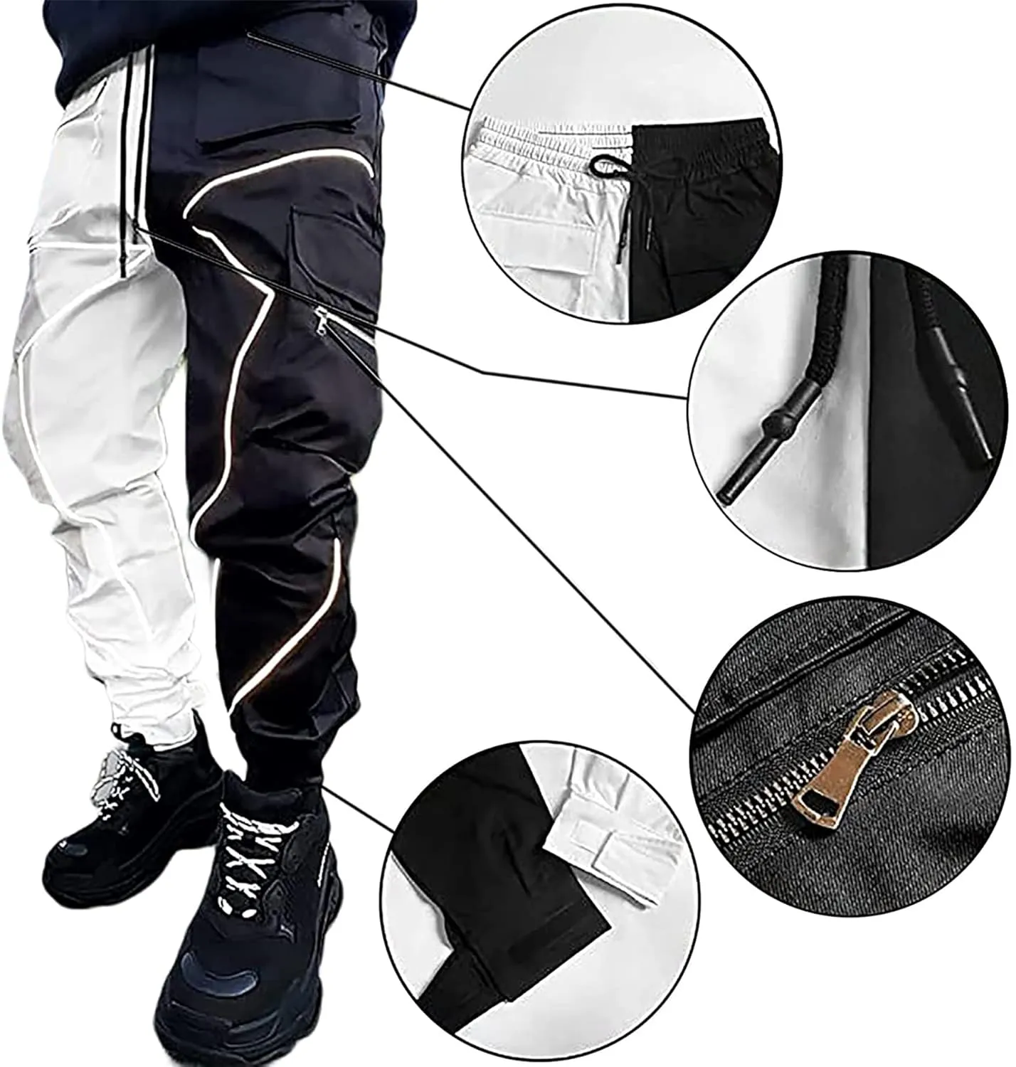 Men's Punk Streetwear Tactical Track Pant Reflective Technical Hip Hop Harem Pant Cargo Jogger Pant Trousers with Pocket (X-Small,Black)