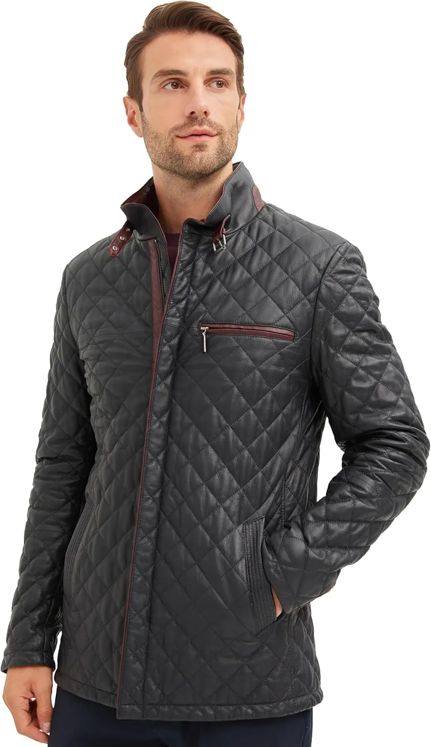 Men's Quilted Leather Coat - Real Lambskin Italian Leather Jacket (Navy/Burgundy)